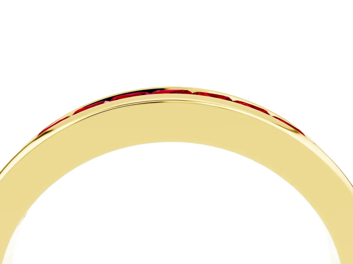 Channel Set Princess Cut Ruby Eternity Band Yellow gold