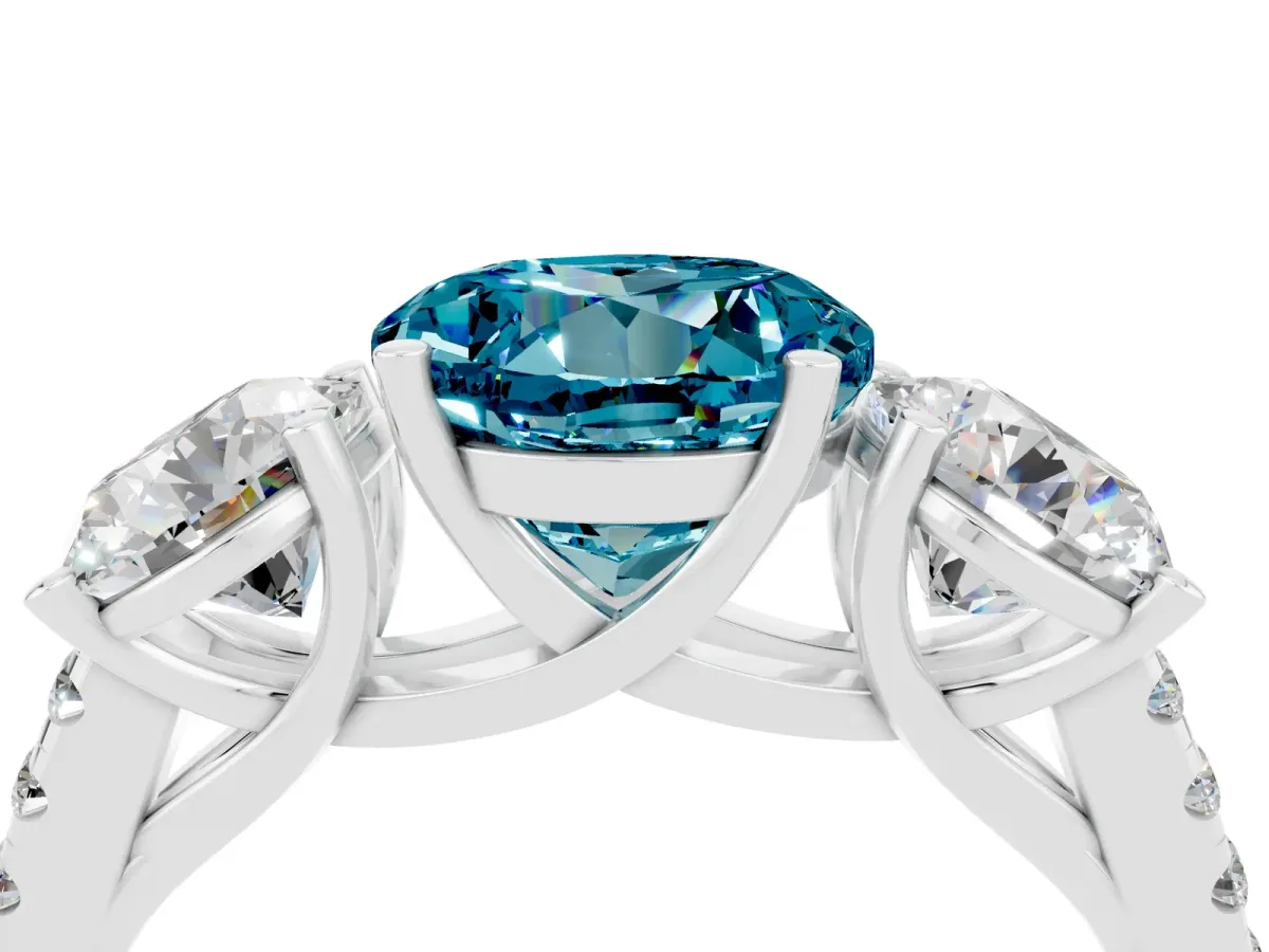 Three-Stone Round Cut Blue Topaz Ring with Round Pavé Band and Prong Setting Silver