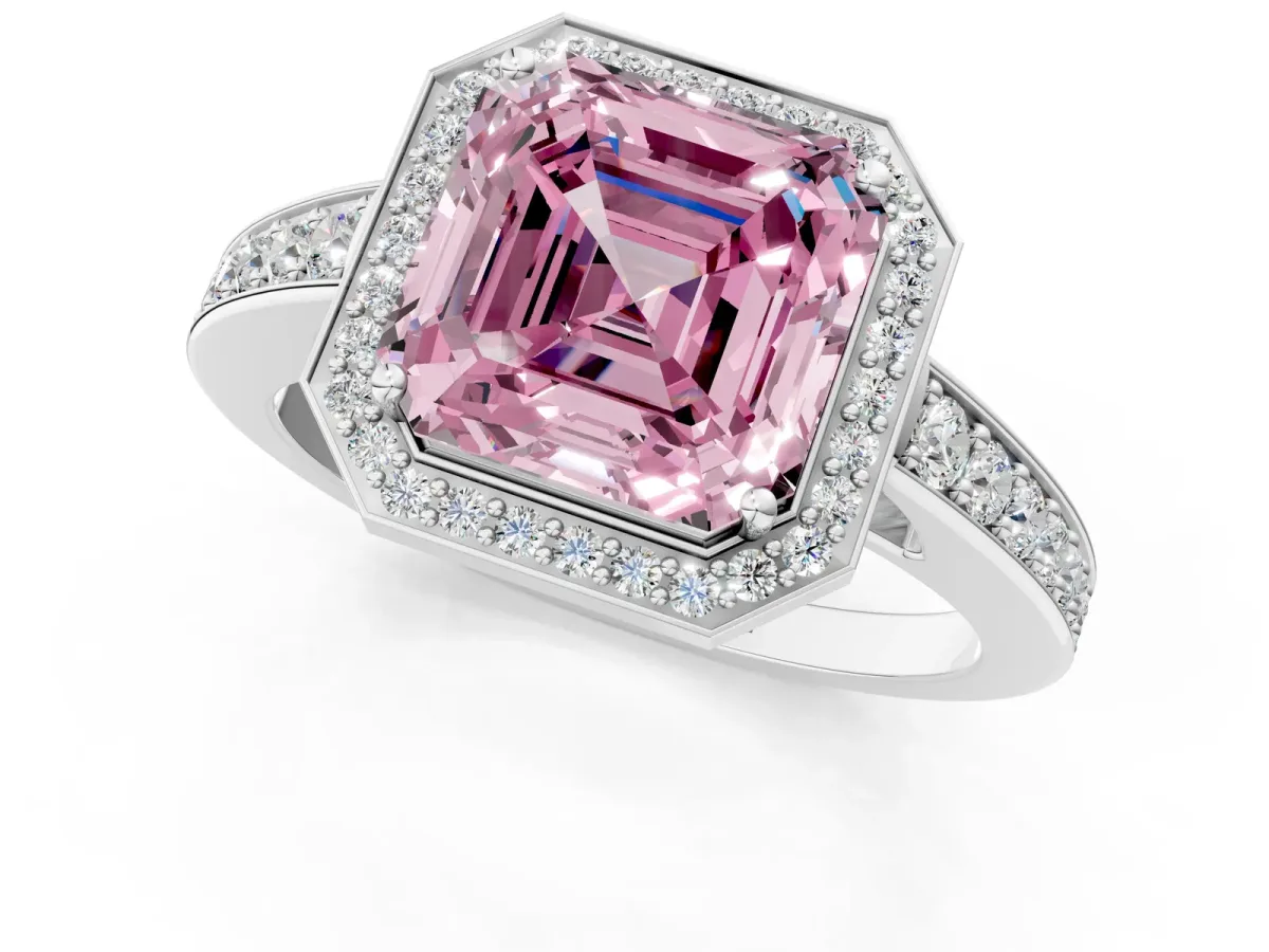 Fancy Pink Asscher Cut Halo Pavé Diamond Engagement Ring with Bezel Setting Silver