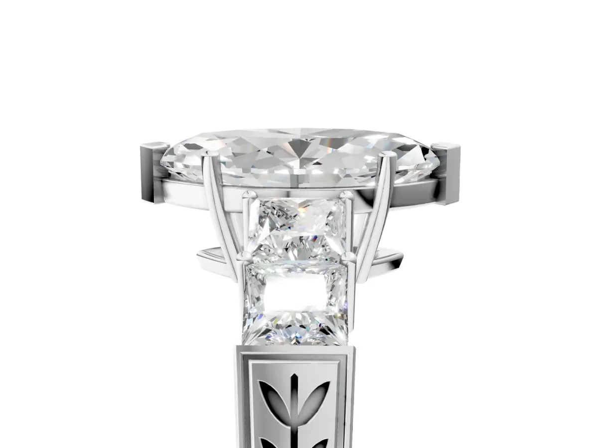 Marquise Cut Solitaire Princess Side Stone Engraved Band Prong Setting Ring Silver