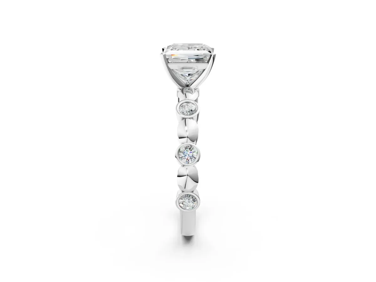 Princess Cut Solitaire Bezel-Set Diamond Ring with Beaded Band and Four-Prong Setting Silver