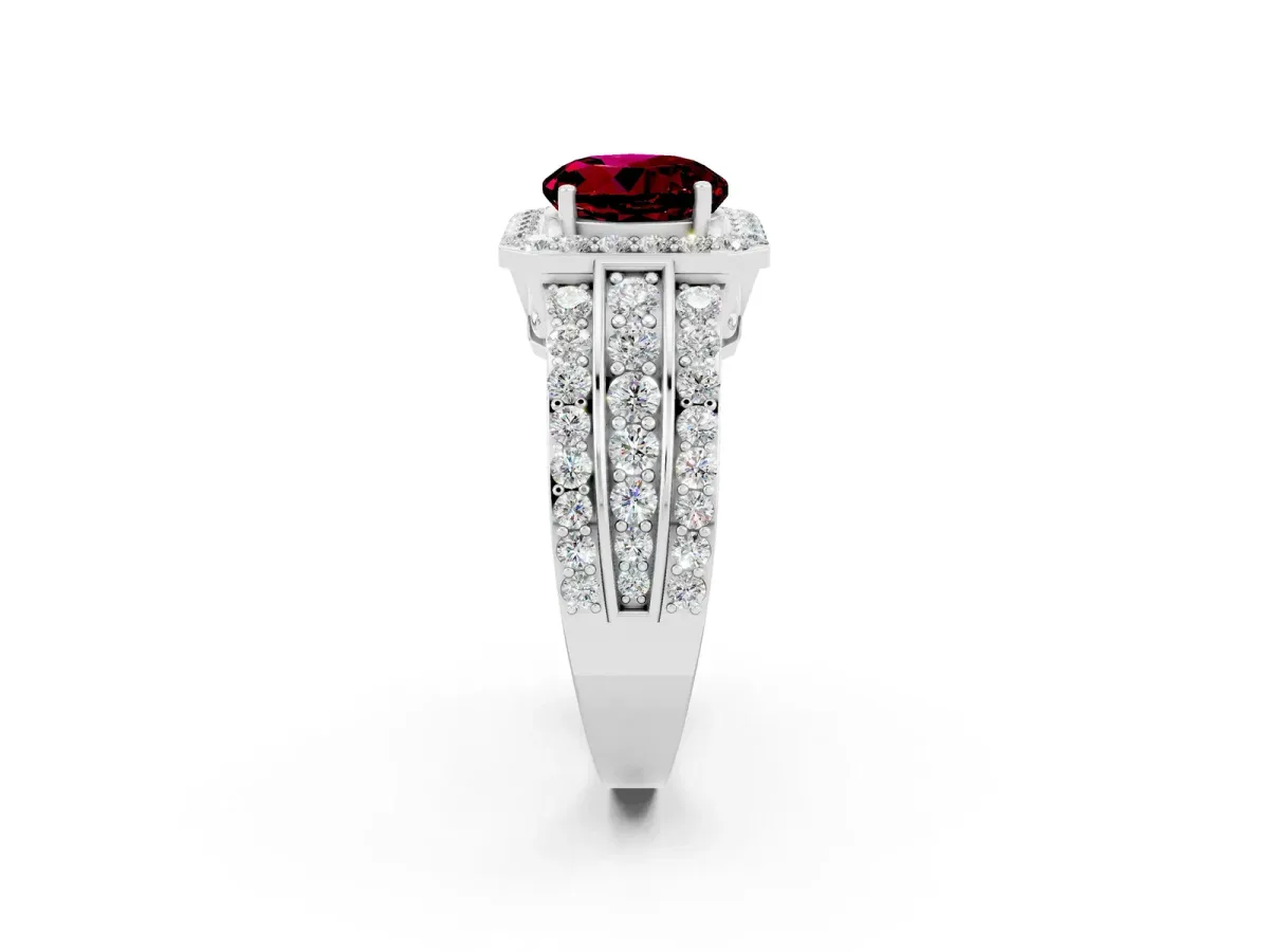 Round Cut Halo Garnet Ring with Round Split Shank and Prong Setting White gold