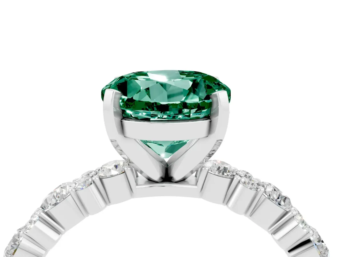 Round Cut Green Sapphire Side Stone Solitaire Ring with Round and Four-Prong Setting Silver