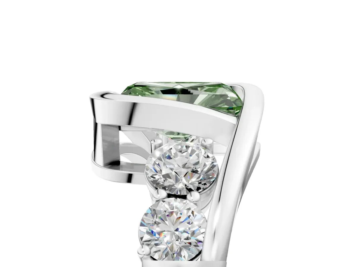 Fancy Green Bezel Set Radiant Cut Diamond Bypass Ring with Round Accents Platinum