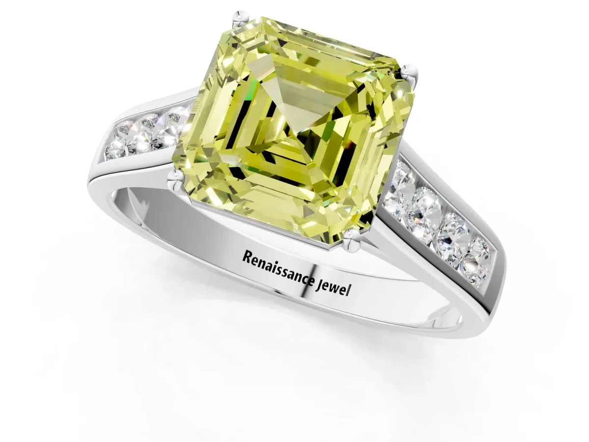 Fancy Yellow Asscher Cut Brilliant Channel-Set Solitaire Ring with Four-Prong Setting Platinum