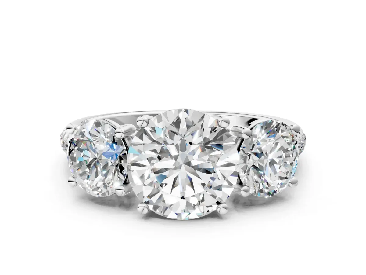 Three-Stone Round Cut Diamond Ring with Round Pavé Band and Prong Setting Silver