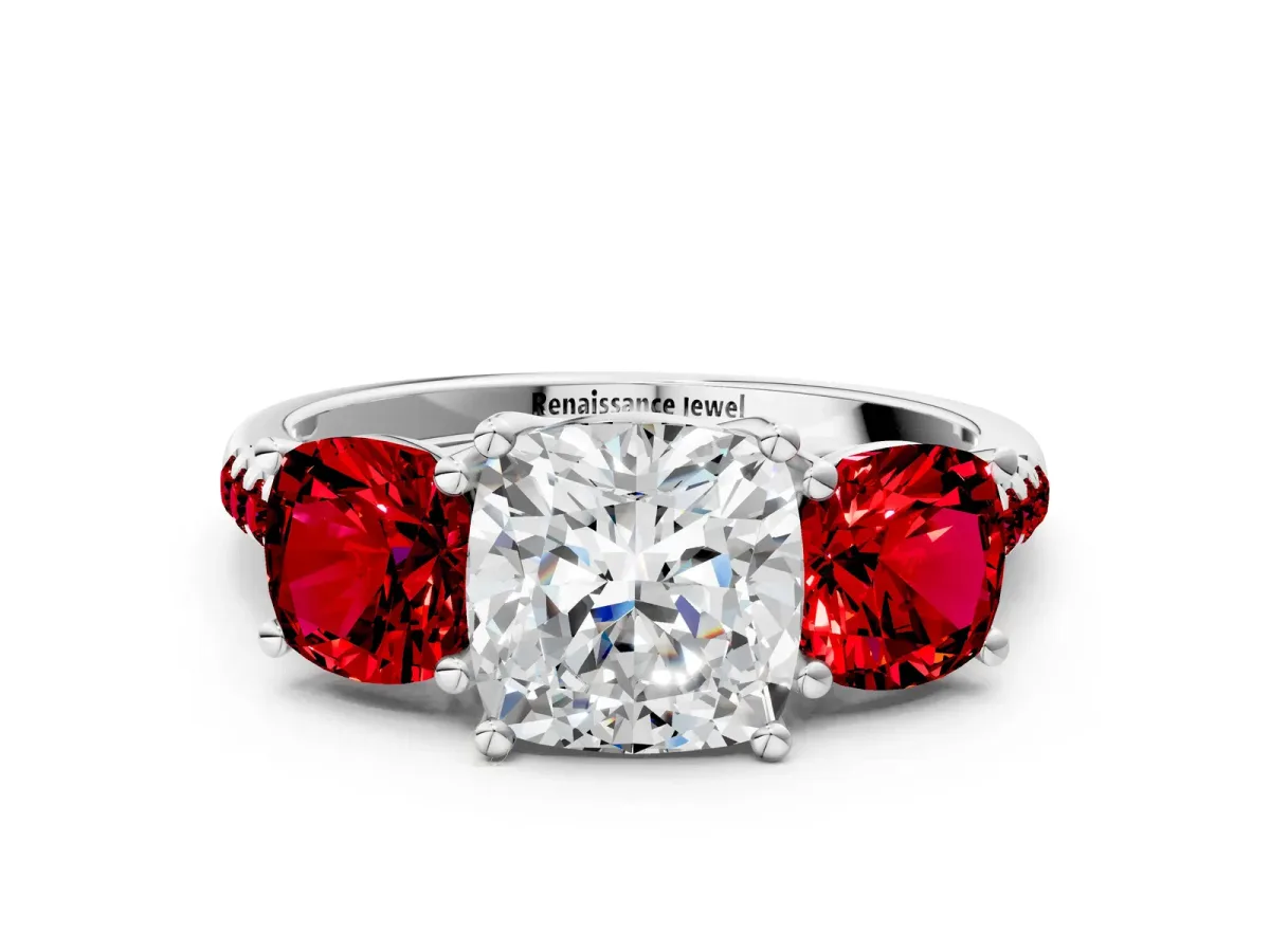 Three-Stone Cushion Cut Diamond Ring with Round Ruby Pavé Band and Prong Setting White gold