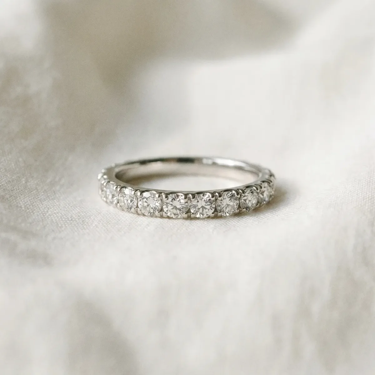 Round Cut Diamond Eternity Band with Shared Prong Setting Silver