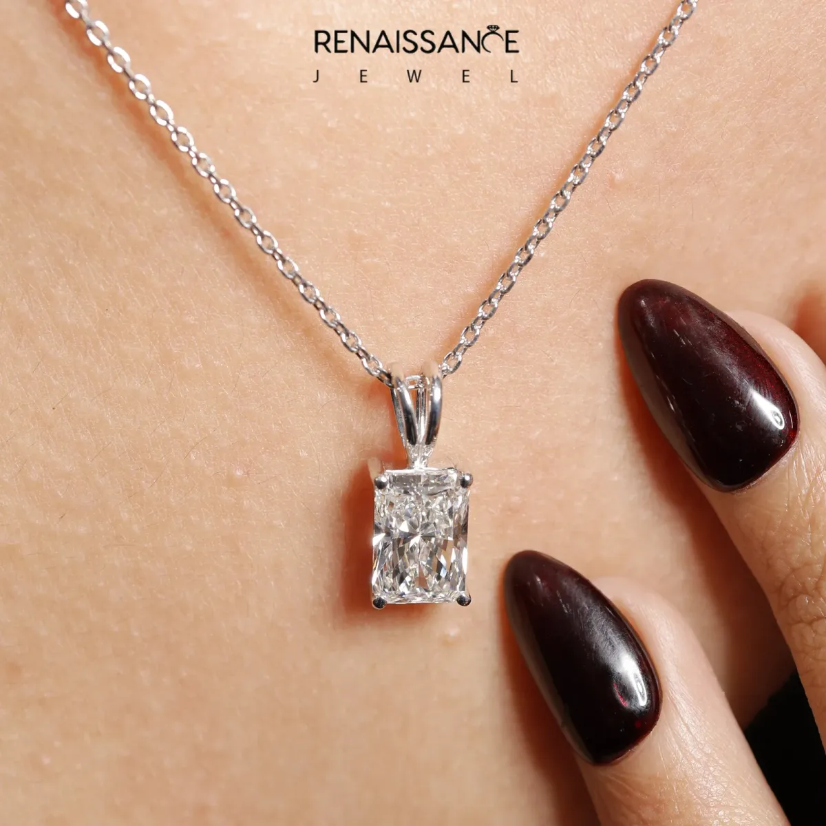 Radiant Diamond Solitaire Pendant with Four Prong Setting Silver