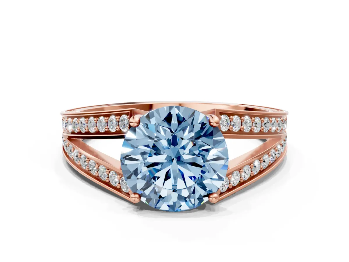Fancy Blue Round Cut Diamond Split Shank Ring with Pavé Band and Four-Prong Setting Rose gold