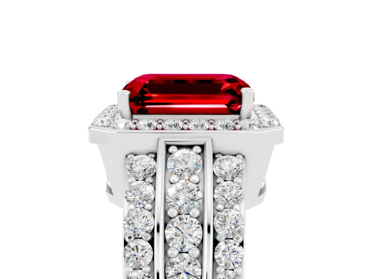 Emerald Cut Halo Ruby Ring with Round Split Shank and Prong Setting Platinum