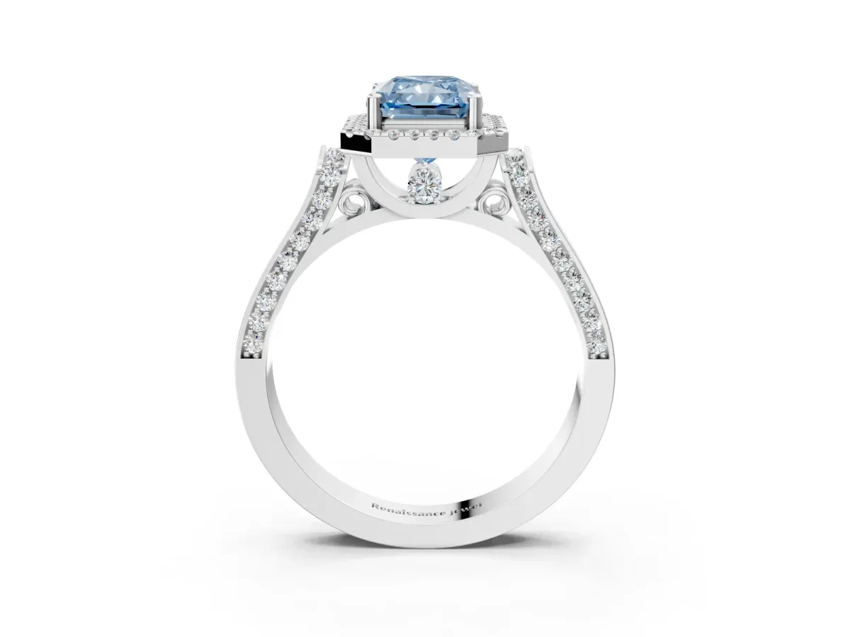 Fancy Blue Radiant Cut Halo Pave Split Shank Prong Setting Ring Platinum