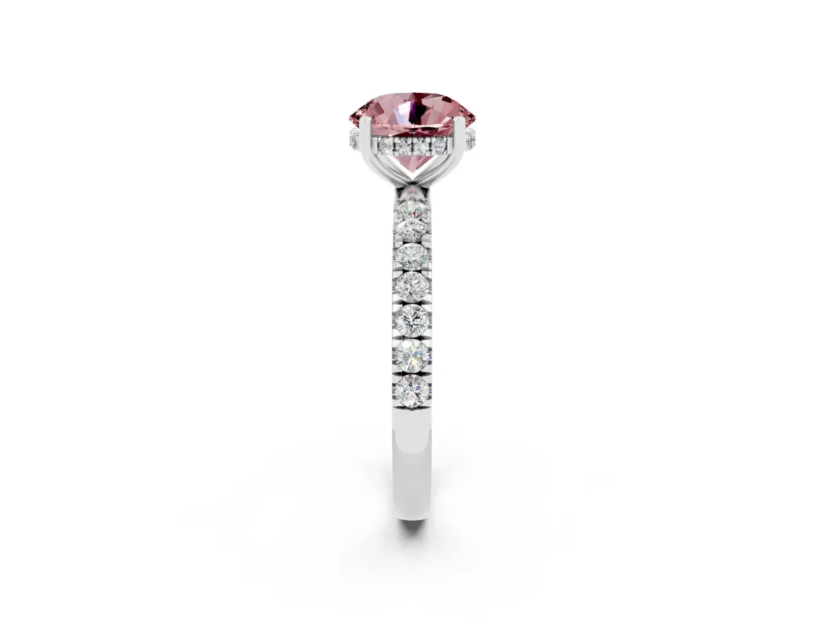 Round Cut Morganite Pave Band Solitaire Ring with Round and Prong Setting Platinum