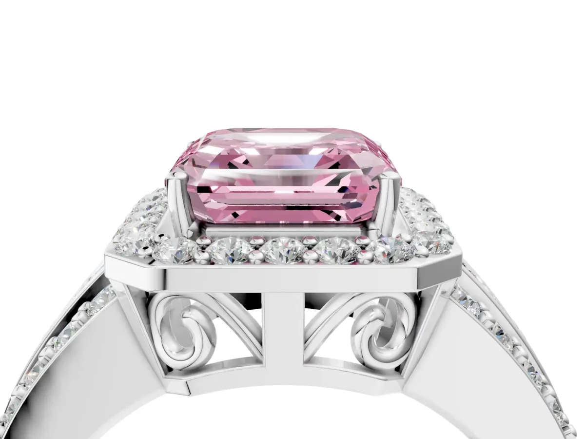 Fancy Pink Asscher Cut Halo Diamond Ring with Round Split Shank and Prong Setting Silver