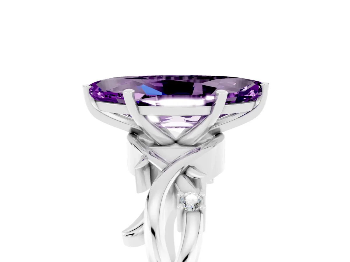 Marquise Cut Amethyst Solitaire Ring with Twisted Band and Prong Setting White gold