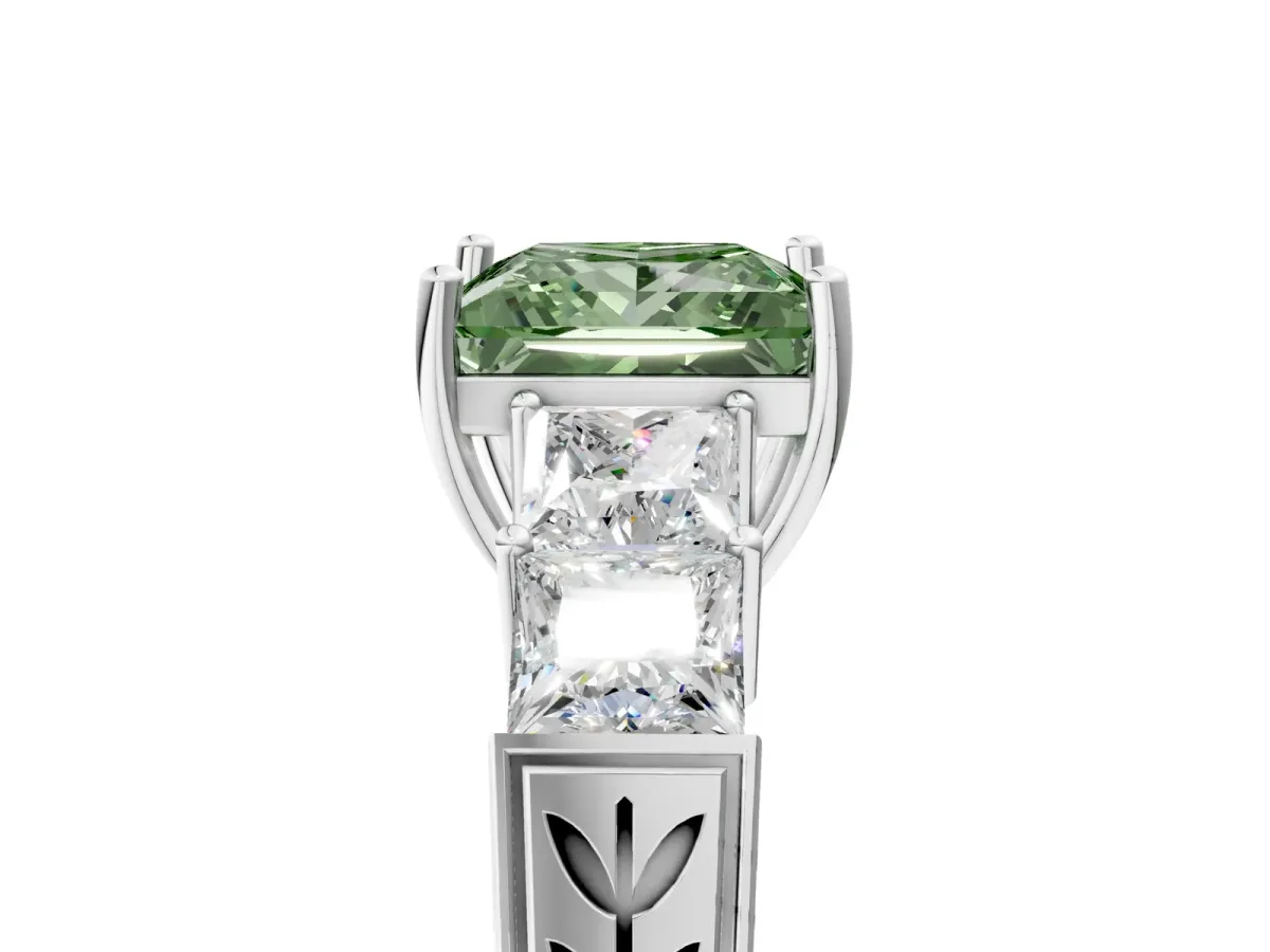 Fancy Green Princess Cut Solitaire Princess Side Stone Engraved Band Prong Setting Ring Platinum