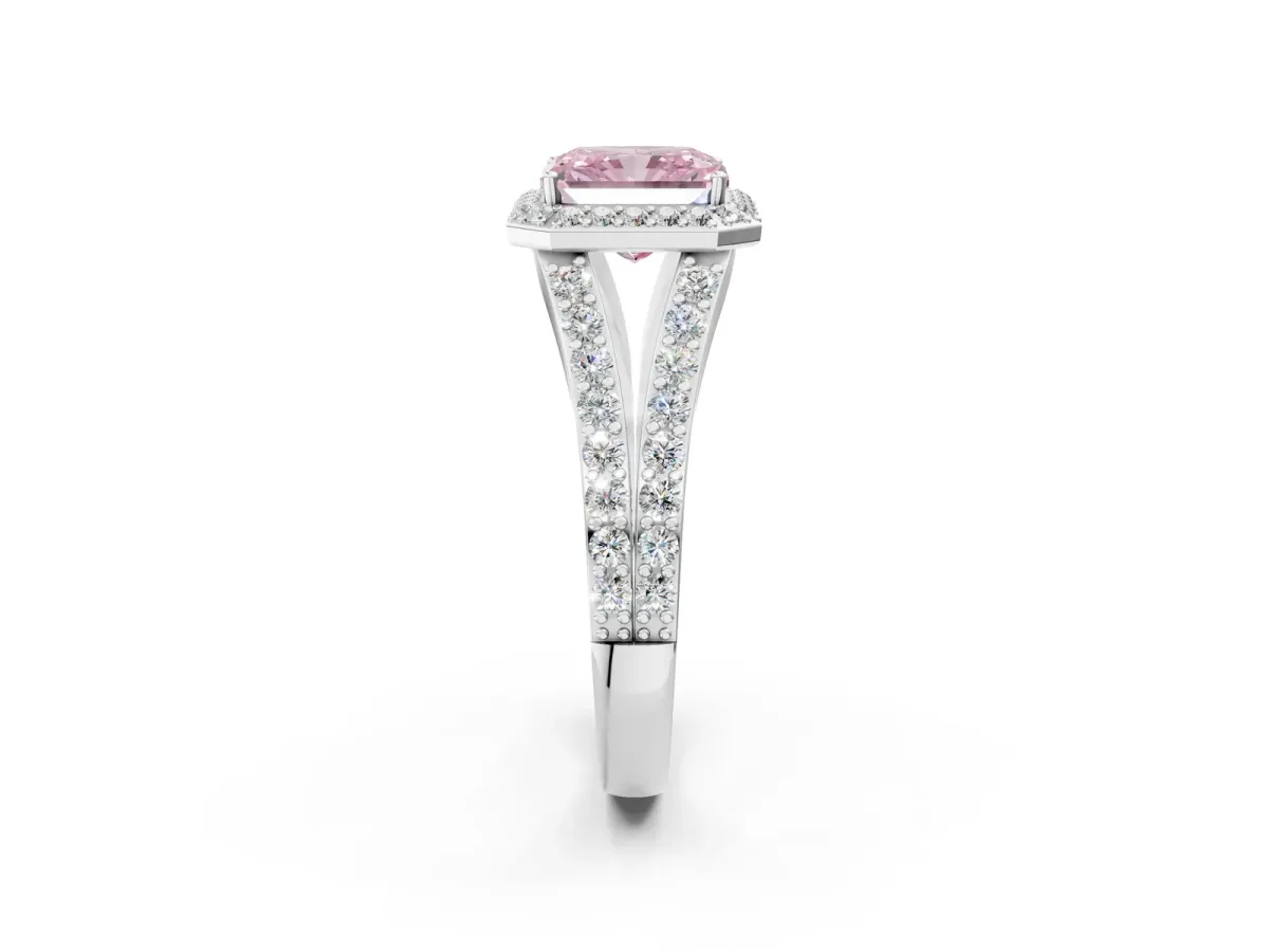 Fancy Pink Radiant Cut Diamond Split Shank Halo Ring with Four-Prong Setting Platinum