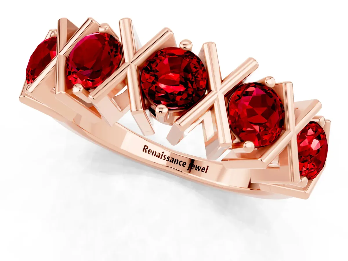 Round Ruby Channel Set Band with X-Prong Detail Rose gold