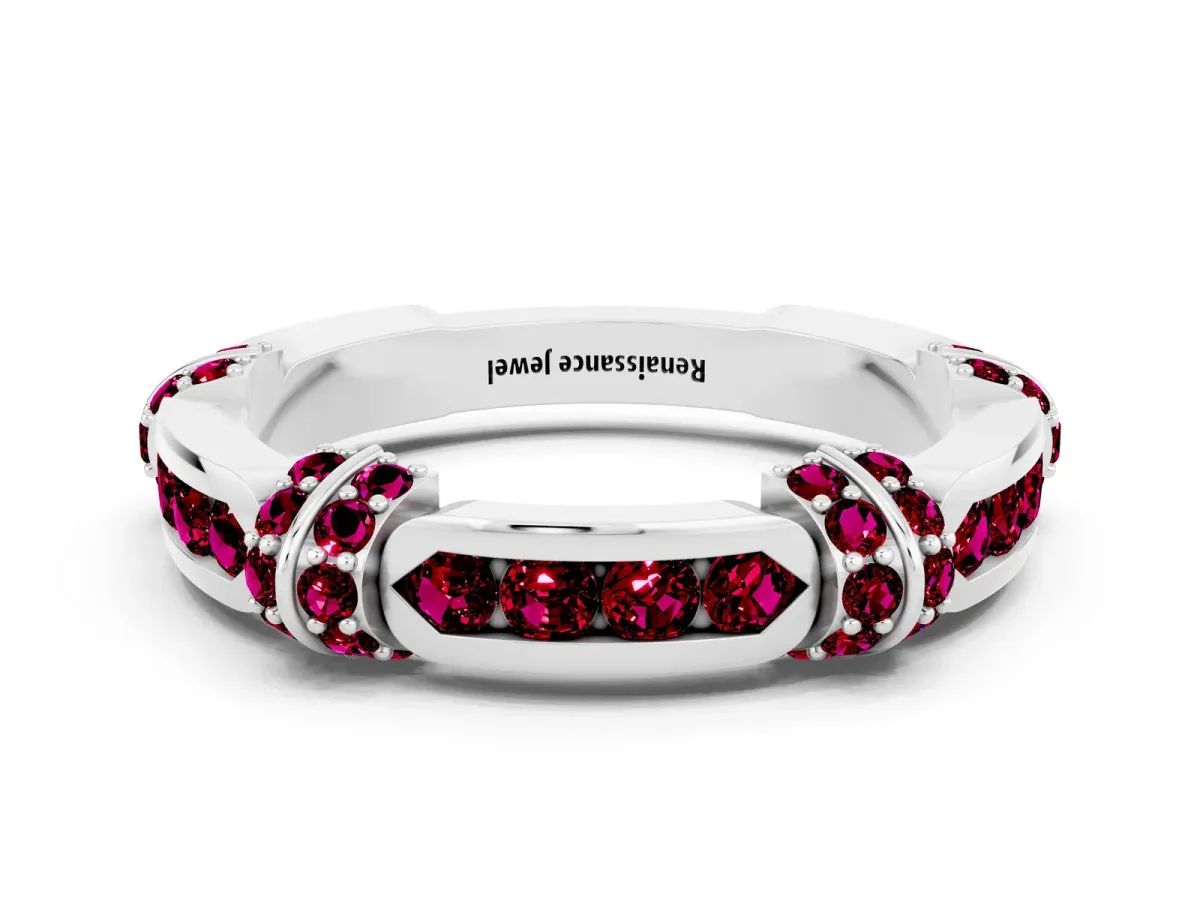 Pavé Round Garnet Link Band with Bezel Setting Platinum
