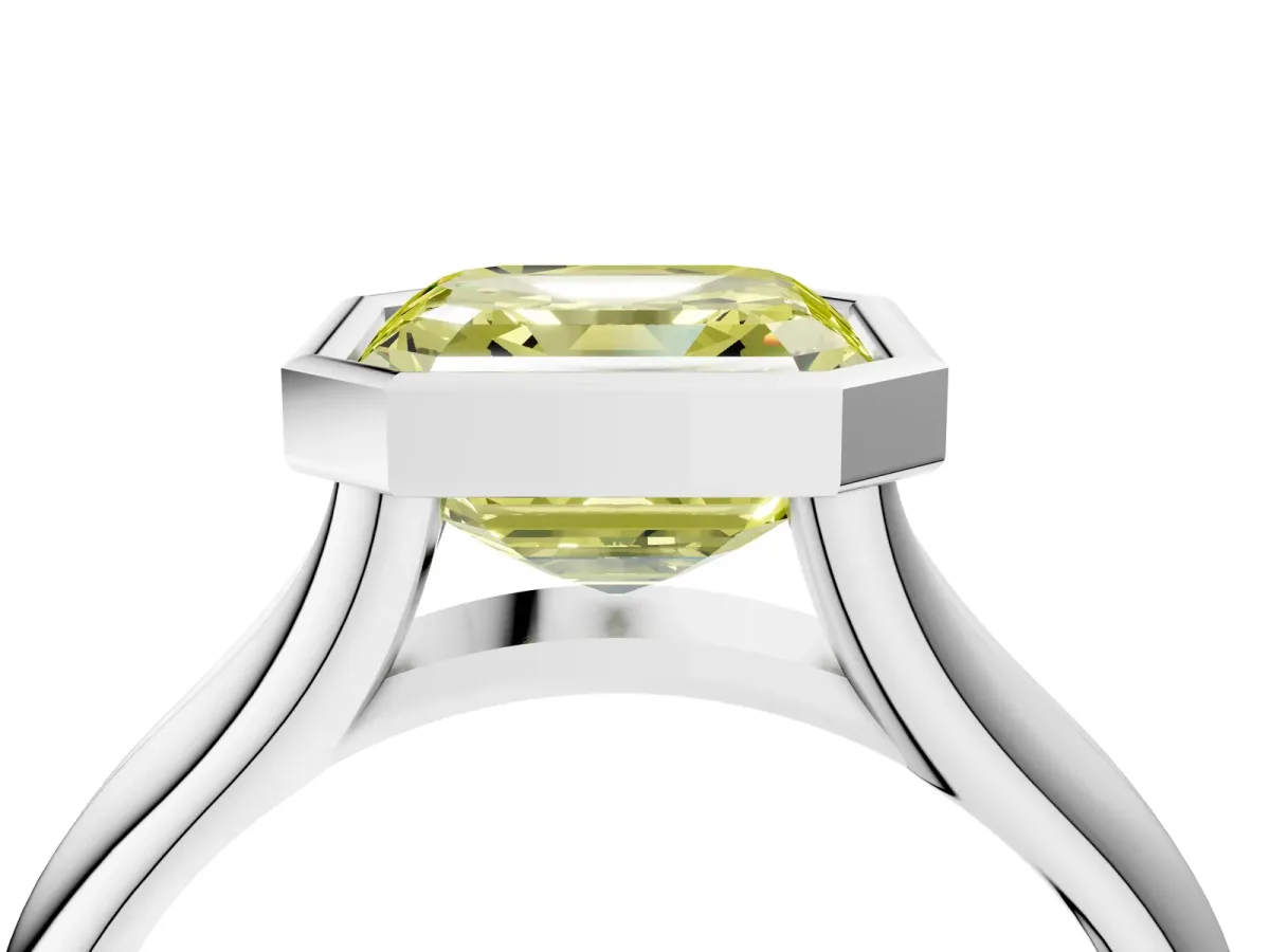 Fancy Yellow Bezel Set Asscher Cut Solitaire Diamond Ring with Smooth Band Platinum