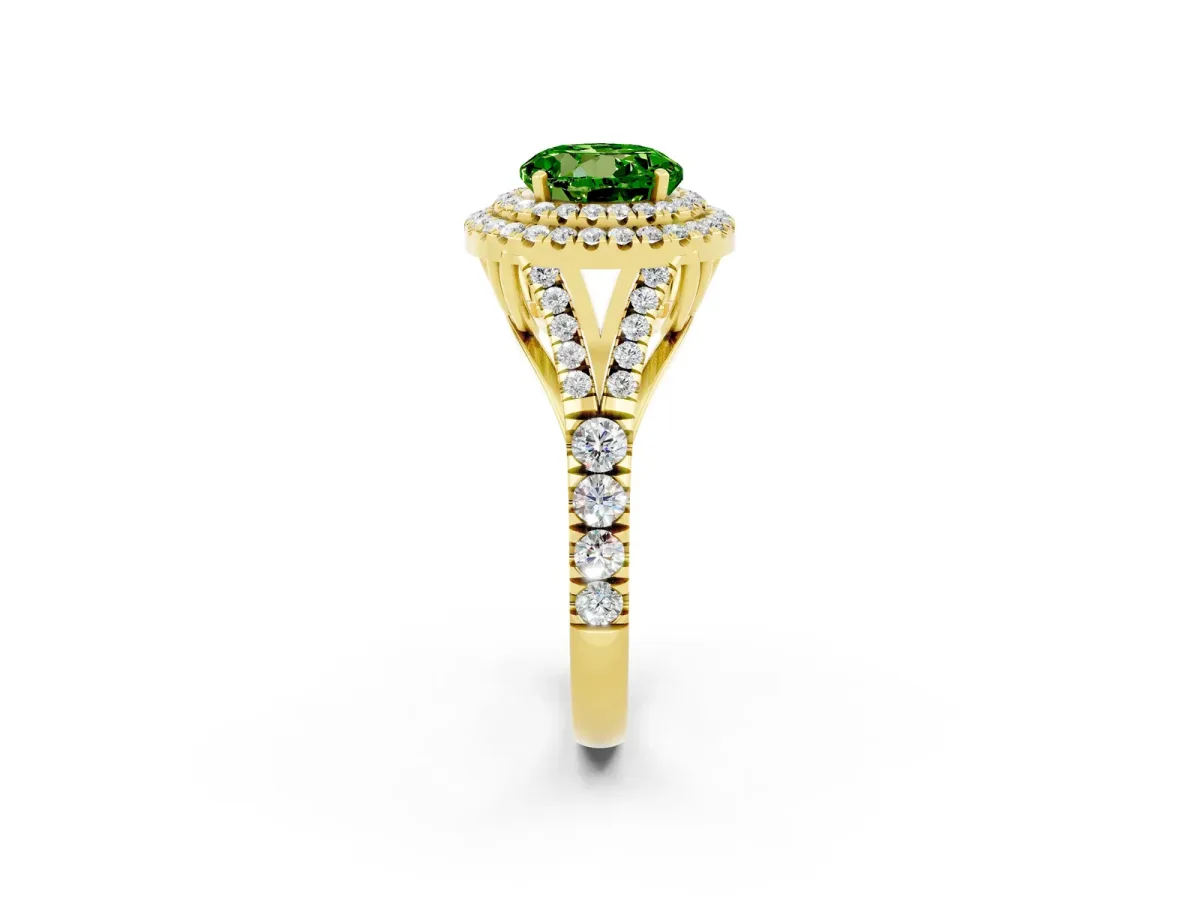 Round Cut Peridot Double Halo Ring with Split Shank and Prong Setting Yellow gold
