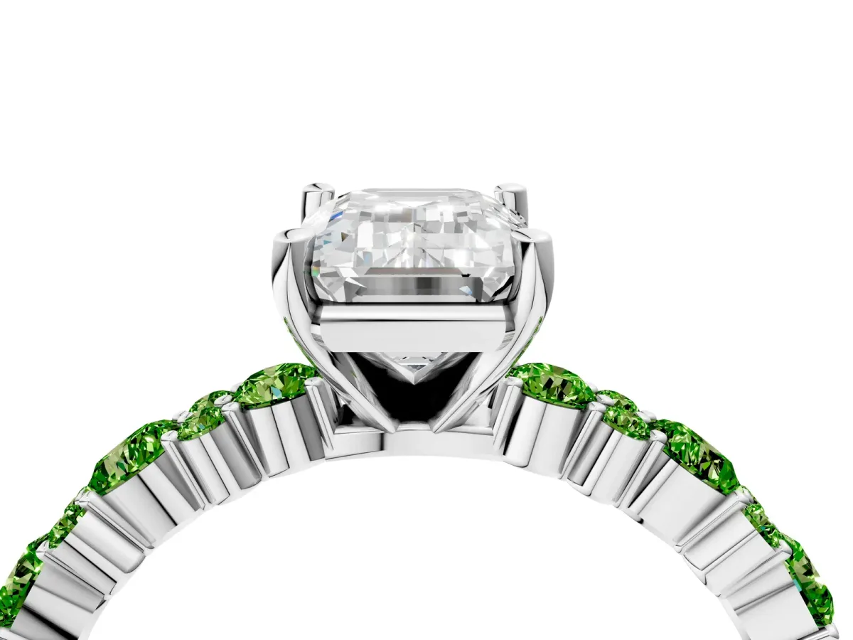 Emerald Cut Diamond Side Stone Solitaire Ring with Round Peridot and Four-Prong Setting Silver