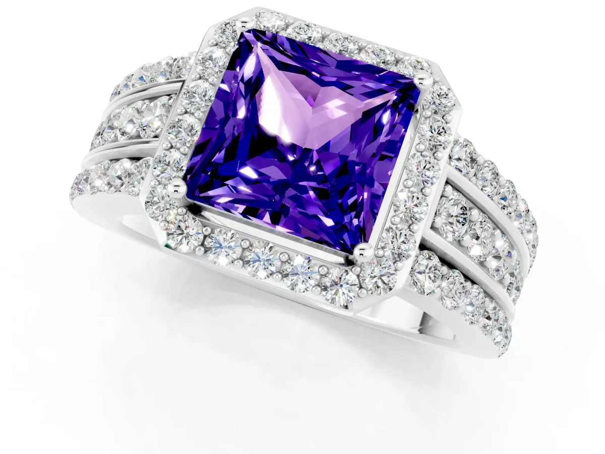 Princess Cut Halo Tanzanite Ring with Round Split Shank and Prong Setting Silver