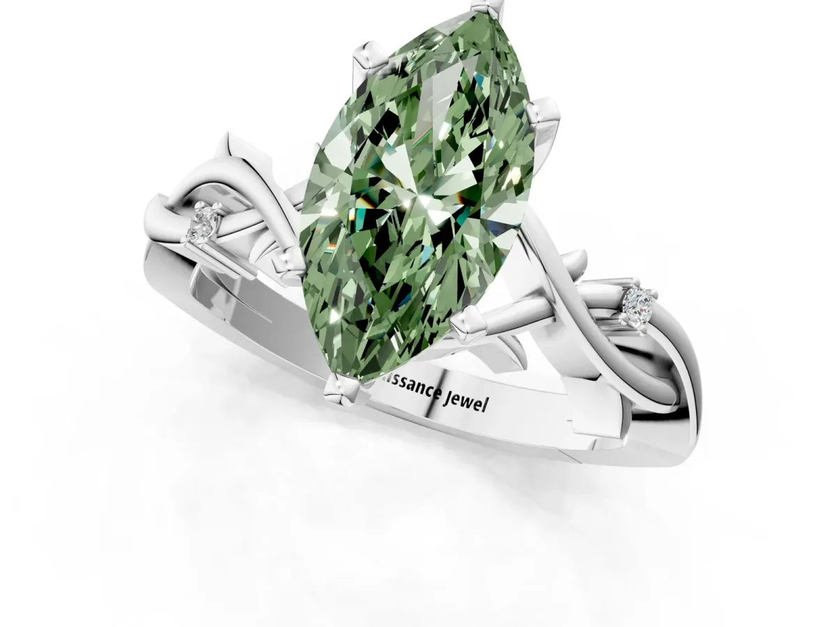 Fancy Green Marquise Cut Diamond Solitaire Ring with Twisted Band and Prong Setting Silver