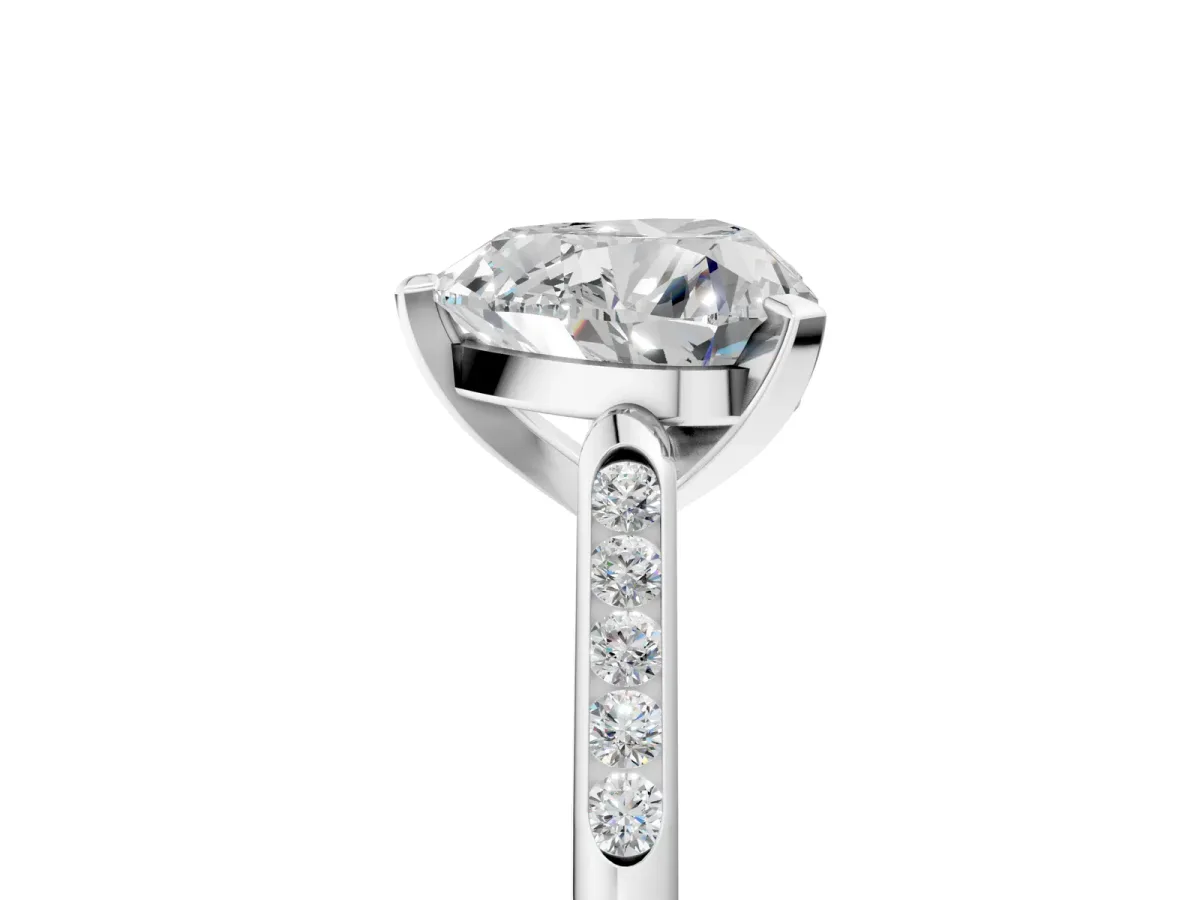 Heart Cut Diamond Solitaire Ring with Channel Set Round Band and Prong Setting Silver