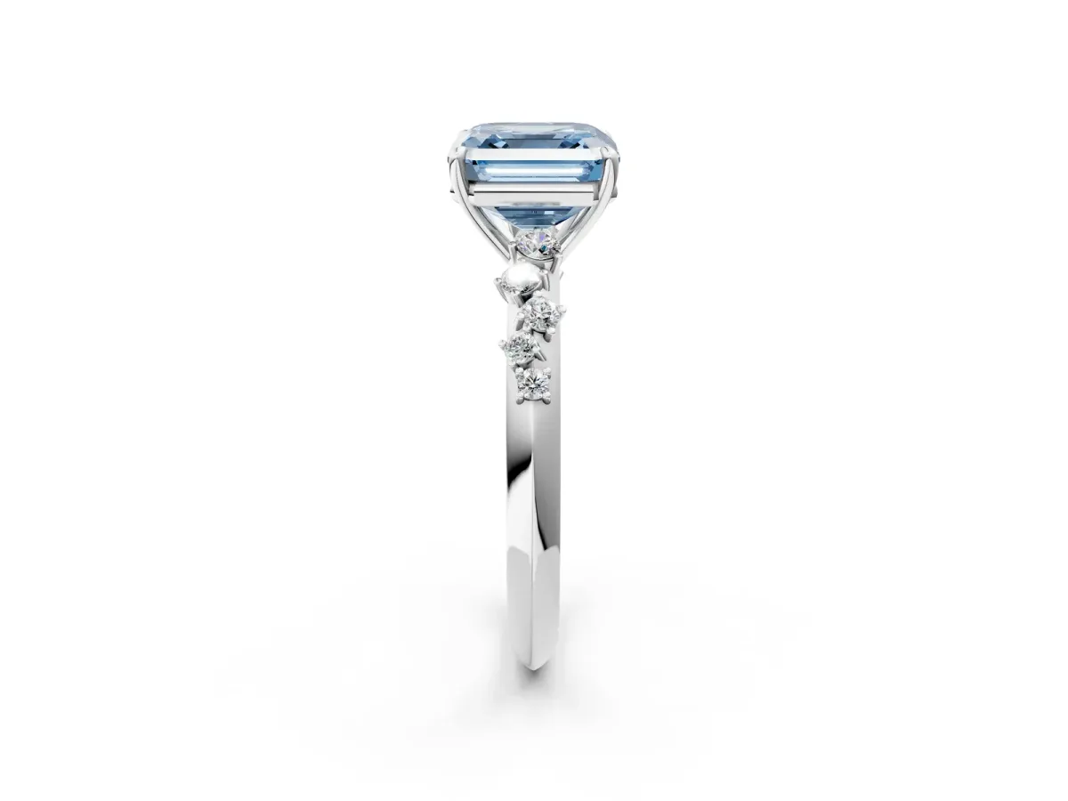 Fancy Blue Asscher Cut Diamond Cluster Side Stone Solitaire Ring with Prong Setting Platinum