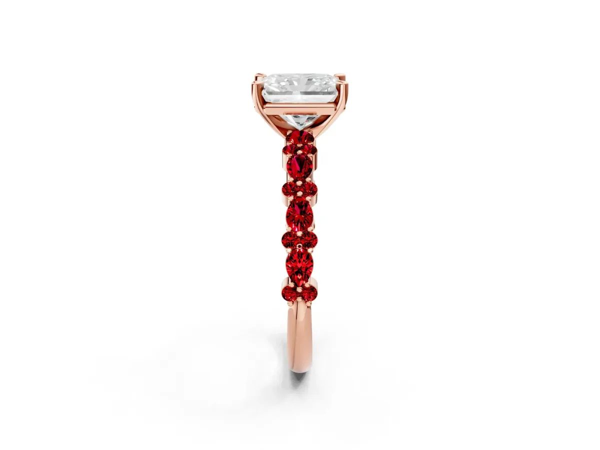 Radiant Cut Diamond Side Stone Solitaire Ring with Round Ruby and Four-Prong Setting Rose gold