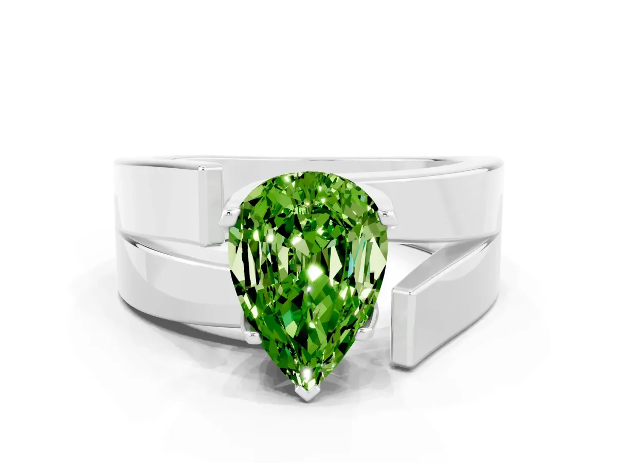 Modern Tension Set Pear Cut Peridot Solitaire Wide Band Ring Silver