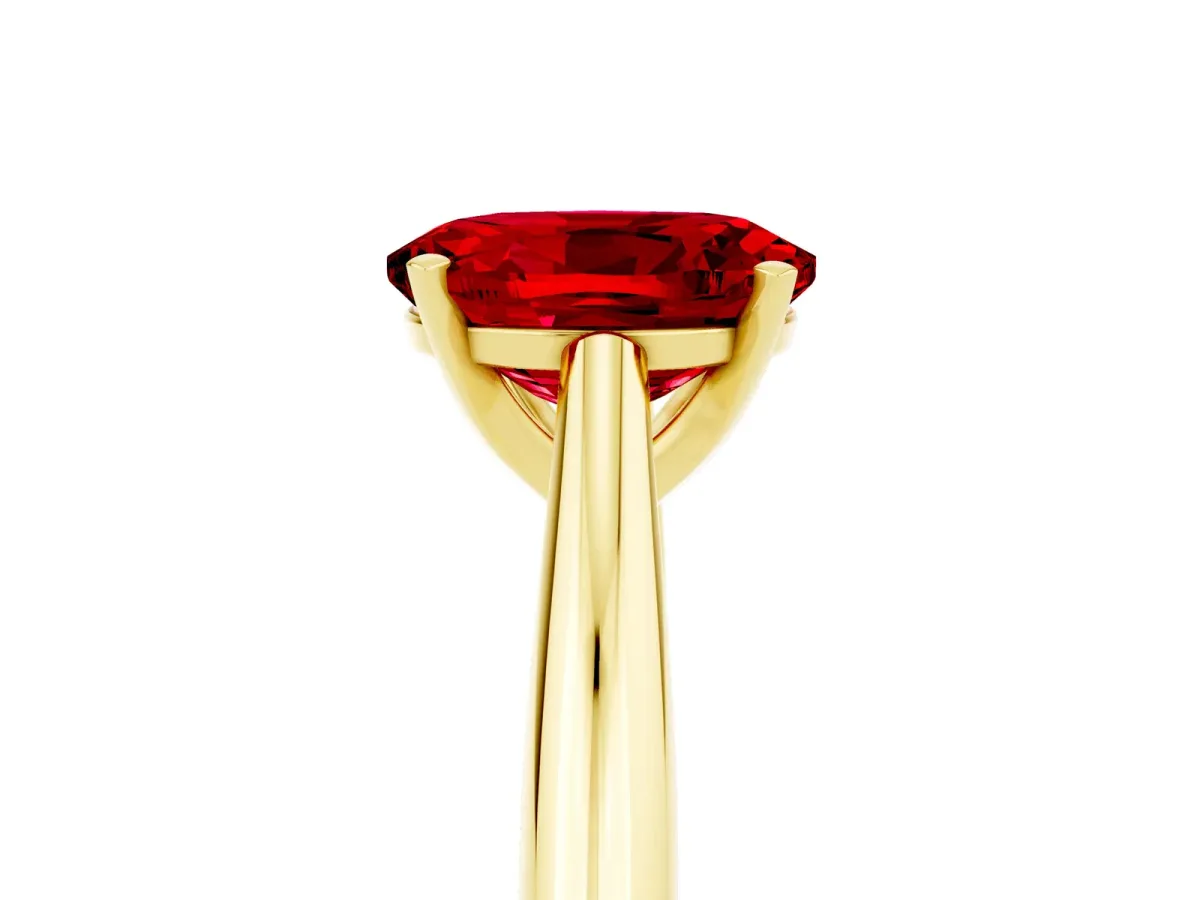 Oval Cut Ruby Solitaire Engagement Ring with Cathedral Setting and Four-Prong Mount Yellow gold