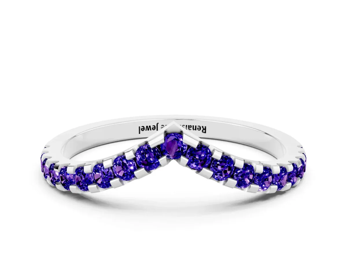 Pavé Round Tanzanite Chevron Band with Shared Prong Setting Silver