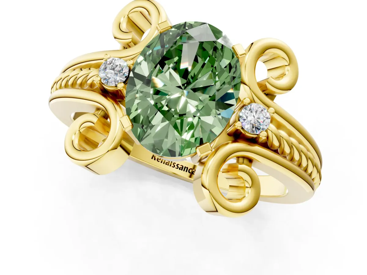 Fancy Green Oval Cut Solitaire Twisted Band Scroll Prong Ring Yellow gold