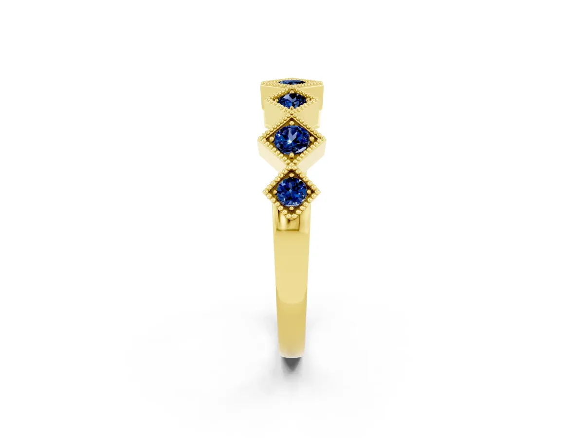 Milgrain Square Bezel Round Blue Sapphire Chevron Band Yellow gold