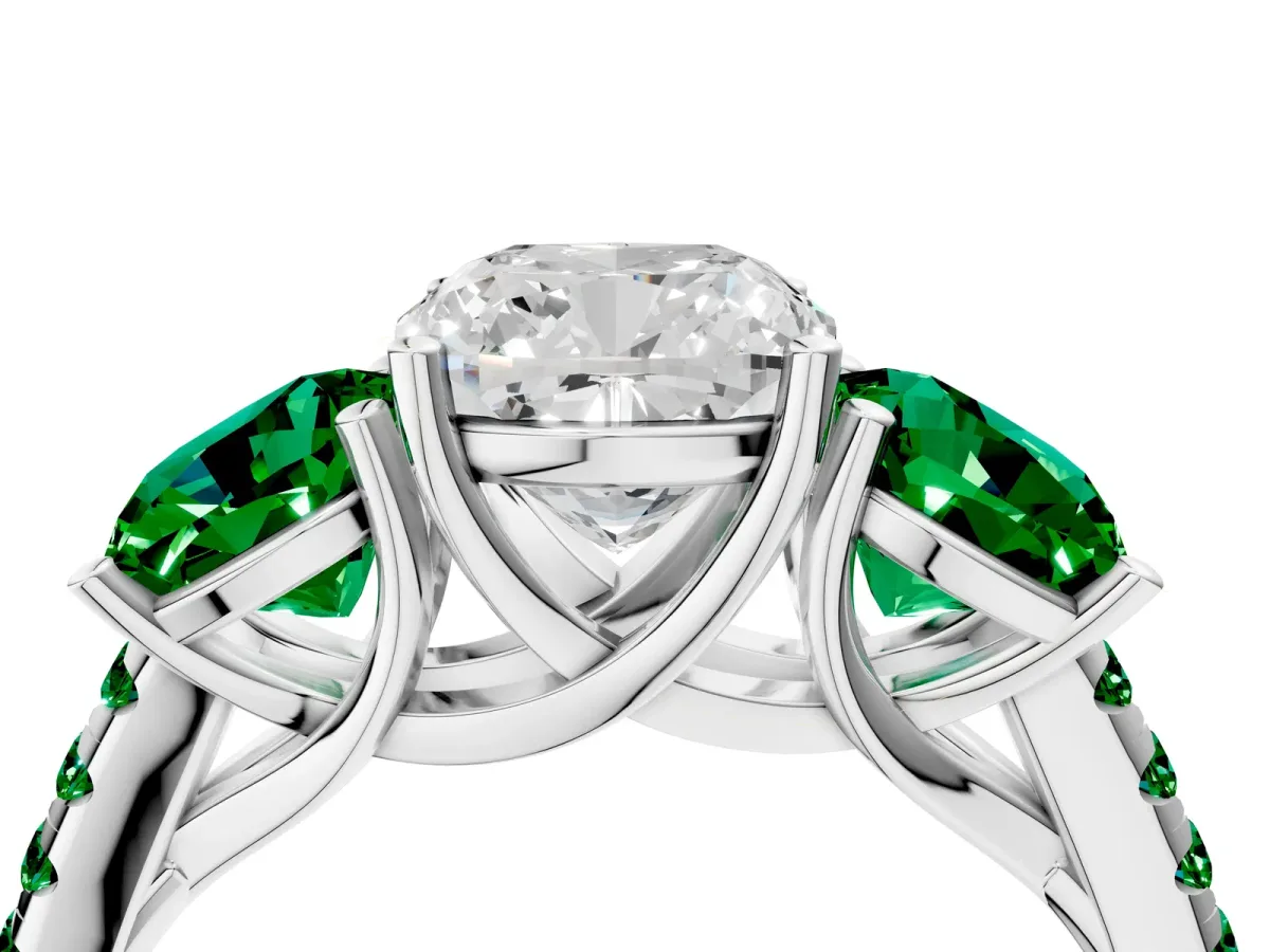 Three-Stone Cushion Cut Diamond Ring with Round Emerald Pavé Band and Prong Setting Platinum