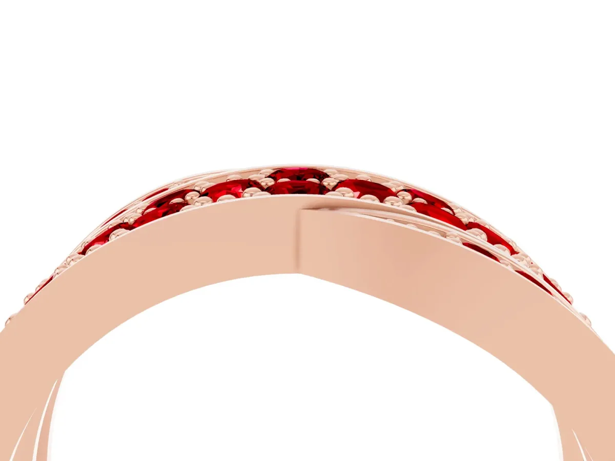 Pavé Round Ruby Crossover Band with Bead Prong Setting Rose gold