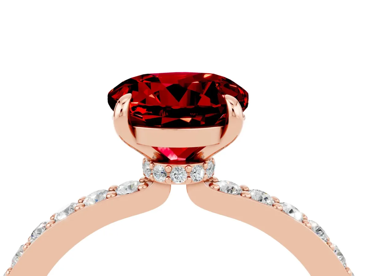 Round Cut Ruby Solitaire Engagement Ring with Pavé Band and Four-Prong Setting Rose gold