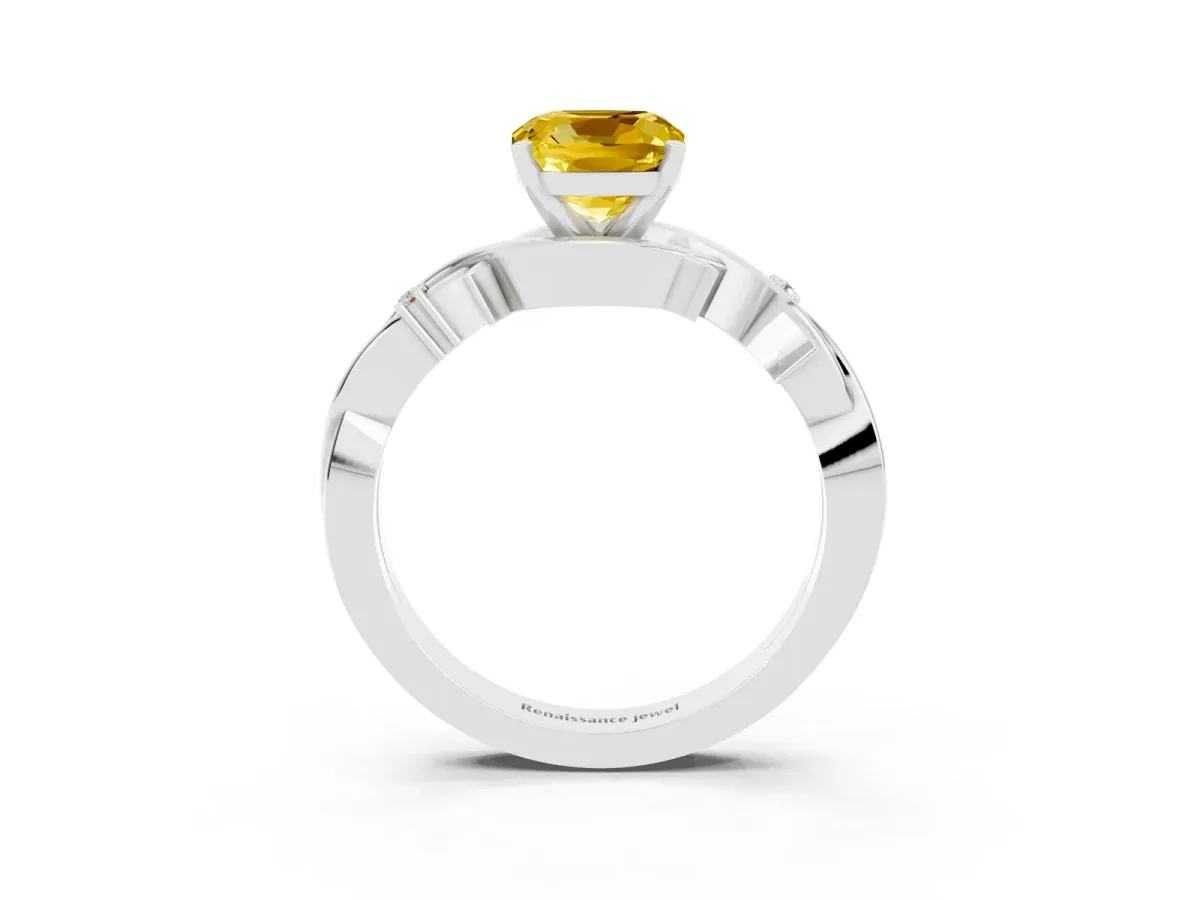 Cushion Cut Yellow Sapphire Solitaire Ring with Twisted Band and Prong Setting Silver