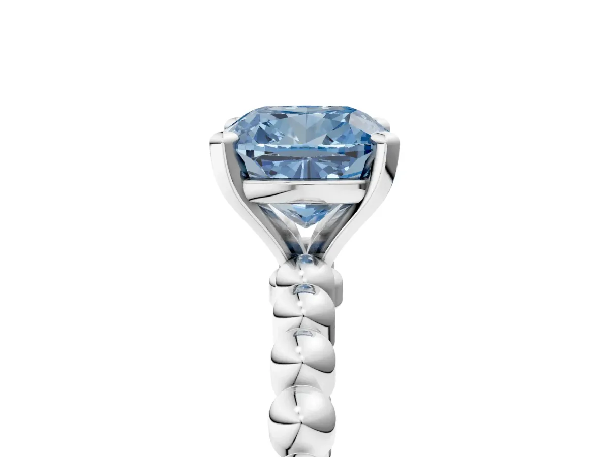 Fancy Blue Cushion Cut Diamond Solitaire Ring with Beaded Band and Prong Setting Silver