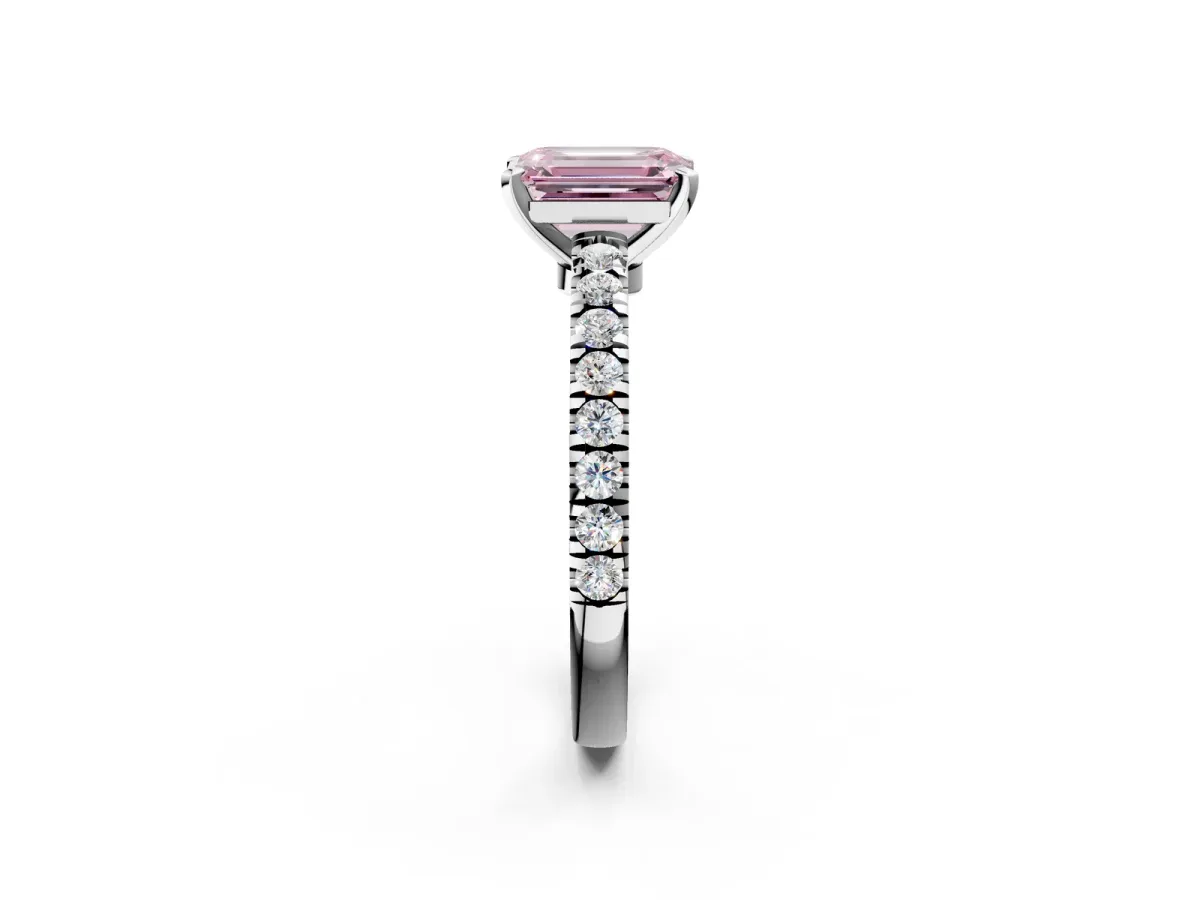 Fancy Pink Emerald Cut Solitaire Diamond with Pavé Band and Four-Prong Setting Silver