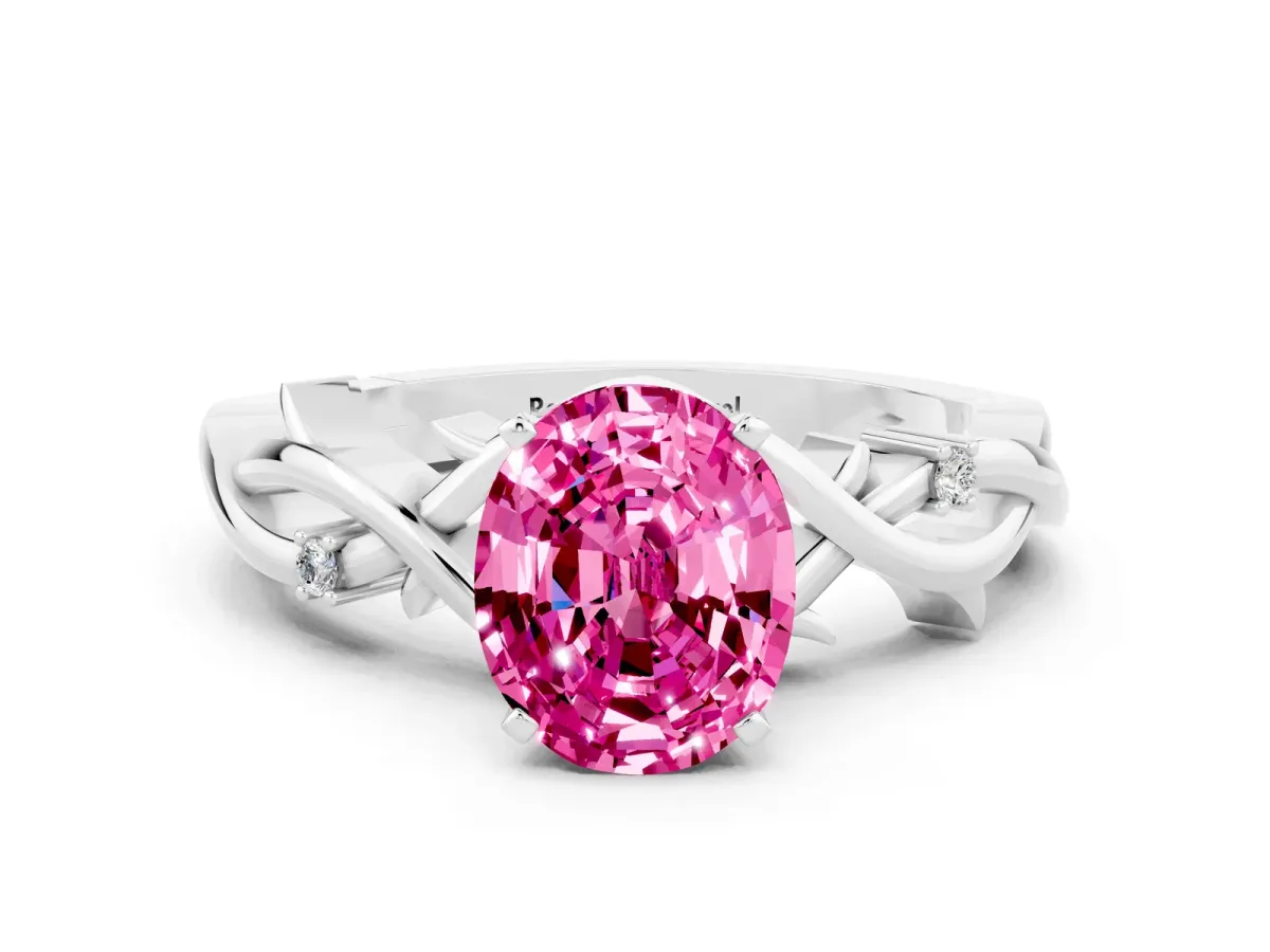 Oval Cut Pink Sapphire Solitaire Ring with Twisted Band and Prong Setting Platinum