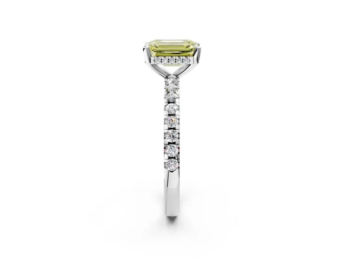 Fancy Yellow Emerald Cut Diamond Solitaire Ring with Round Pavé Band and Four-Prong Setting Silver