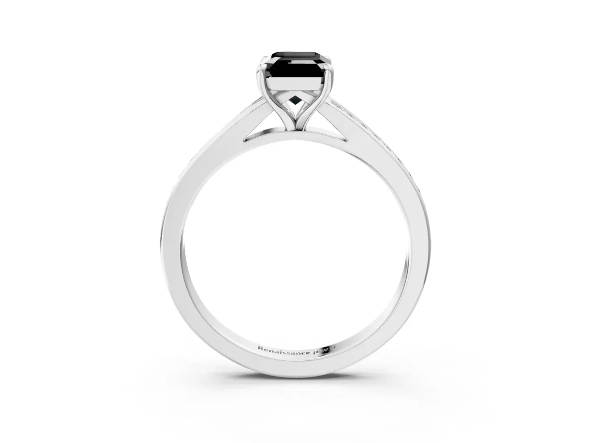 Fancy Black Emerald Cut Diamond Solitaire Ring with Pavé Band and Prong Setting Silver