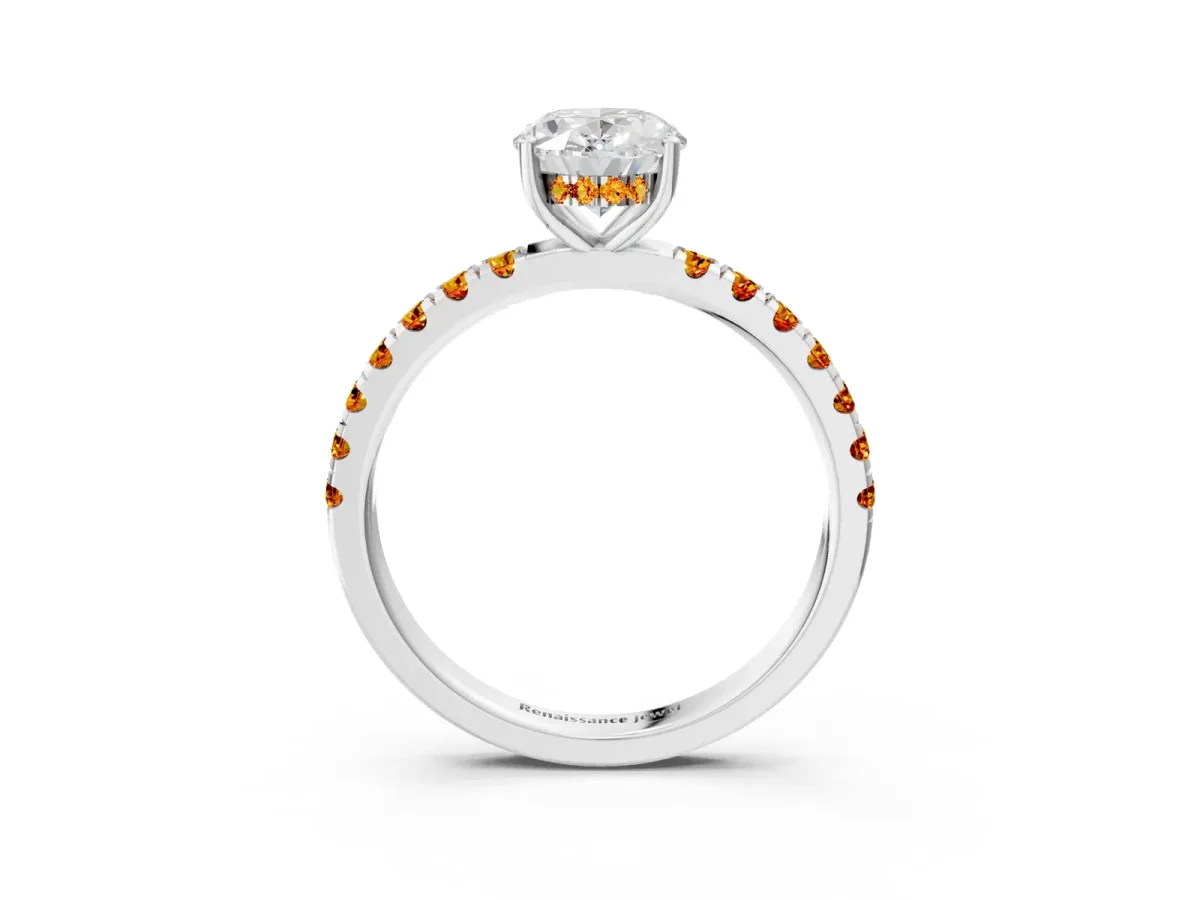 Oval Cut Diamond Pave Band Solitaire Ring with Round Citrine and Prong Setting Silver