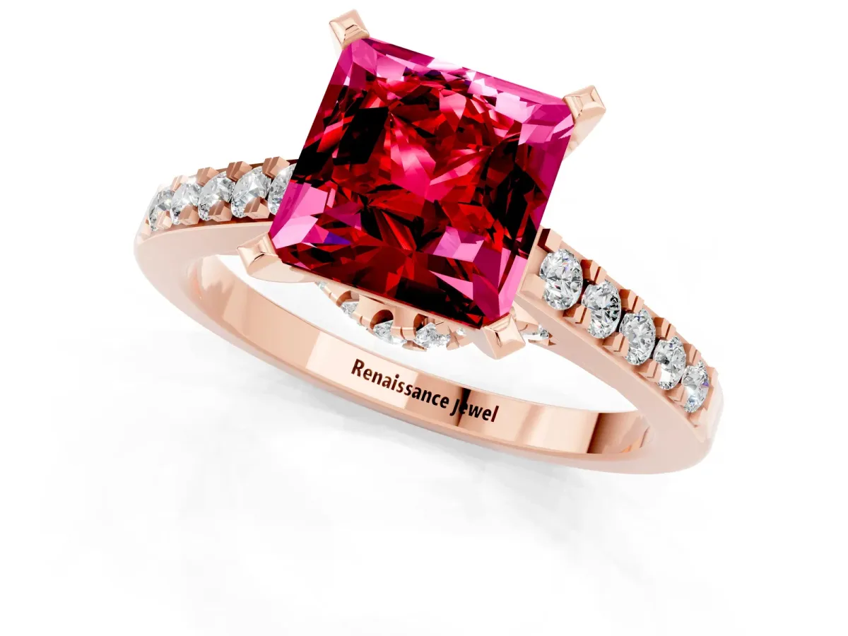 Princess Cut Ruby Solitaire Ring with Crossover Gallery and Round Pavé Band Rose gold