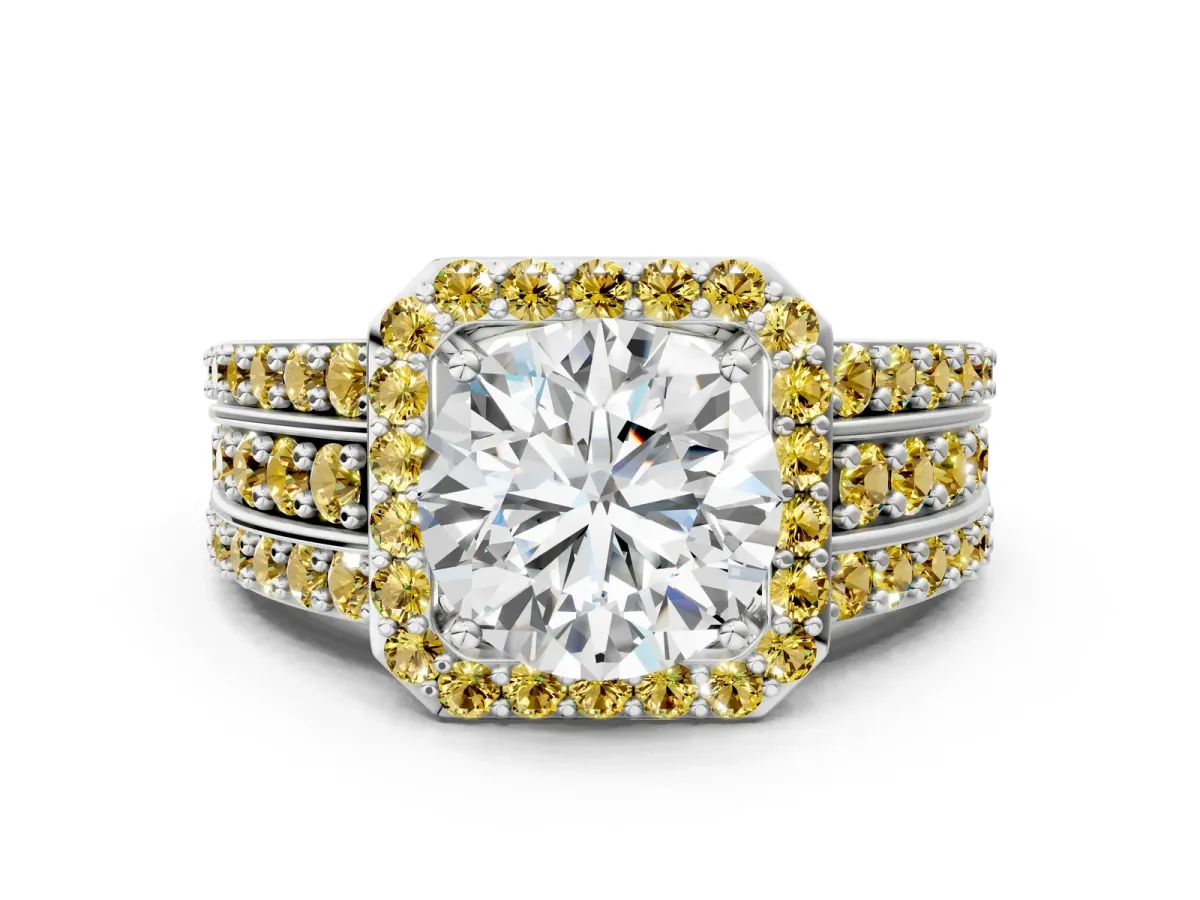 Round Cut Halo Diamond Ring with Round Yellow Sapphire Split Shank and Prong Setting Silver