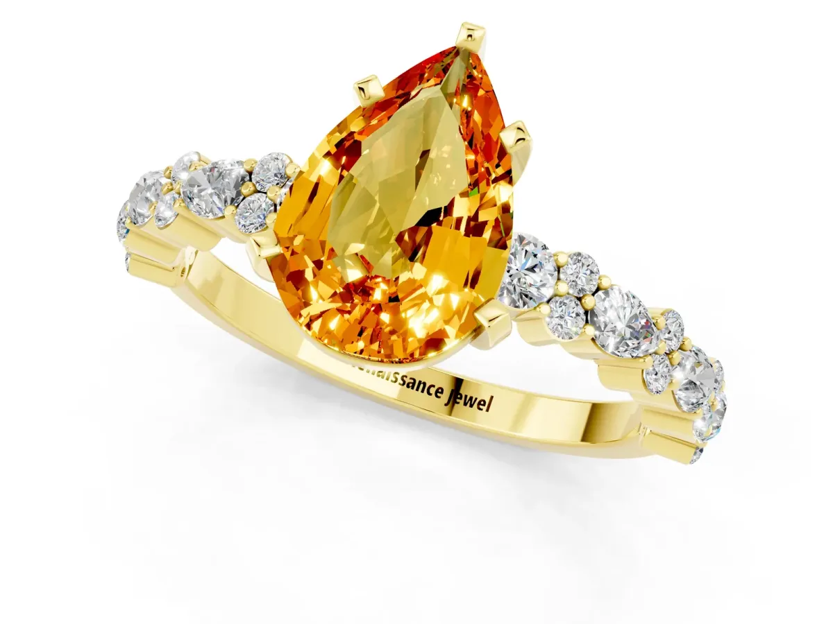 Pear Cut Citrine Side Stone Solitaire Ring with Round and Four-Prong Setting Yellow gold