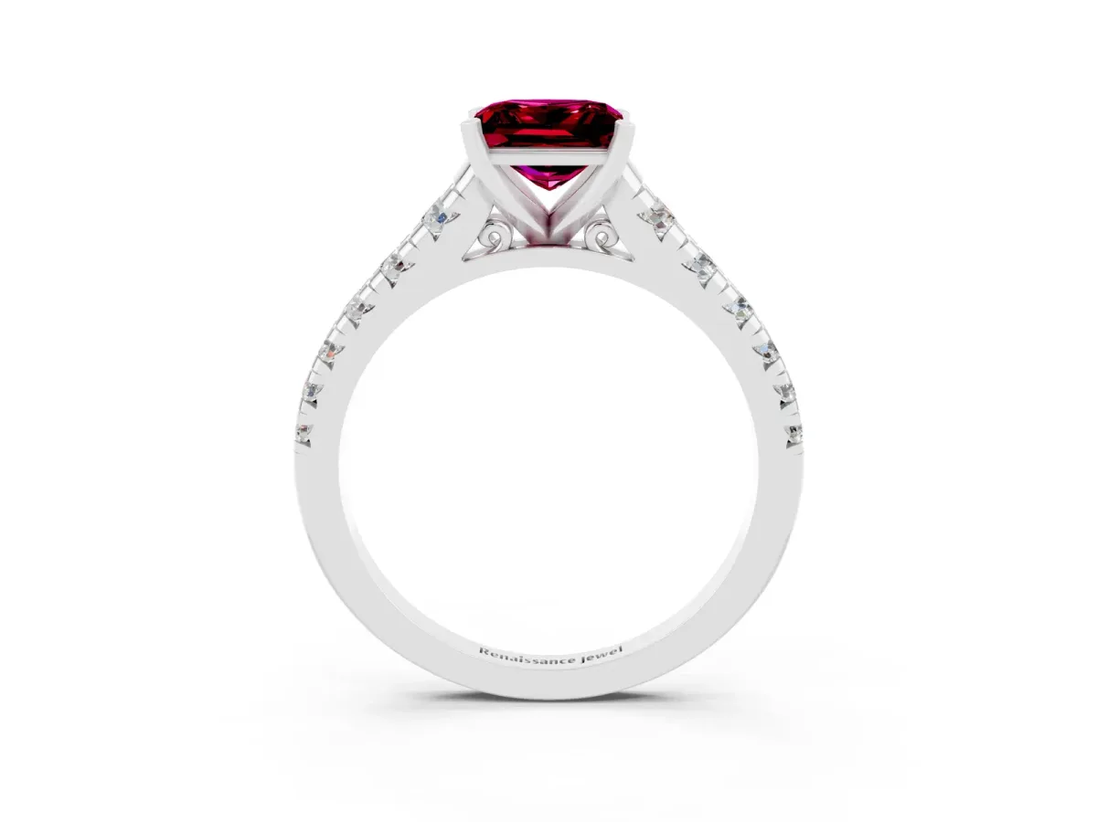 Princess Cut Garnet Cathedral Solitaire Ring with Round Pavé Band Silver